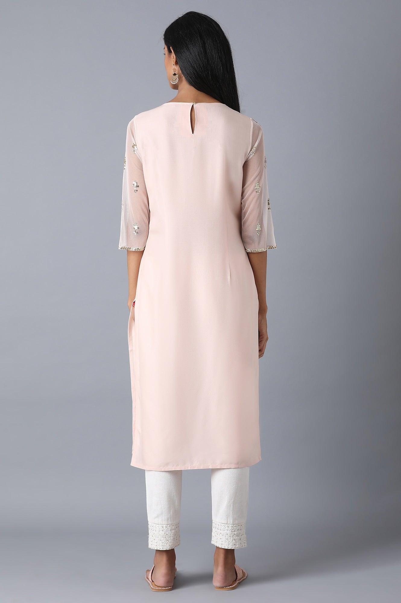 Light Pink Mesh Straight kurta - wforwoman