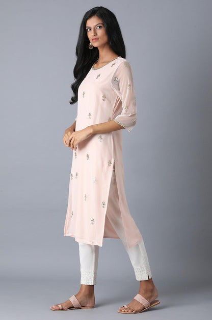 Light Pink Mesh Straight kurta - wforwoman