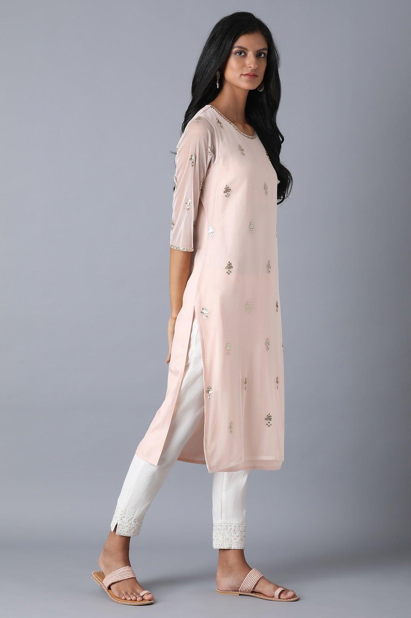 Light Pink Mesh Straight kurta - wforwoman