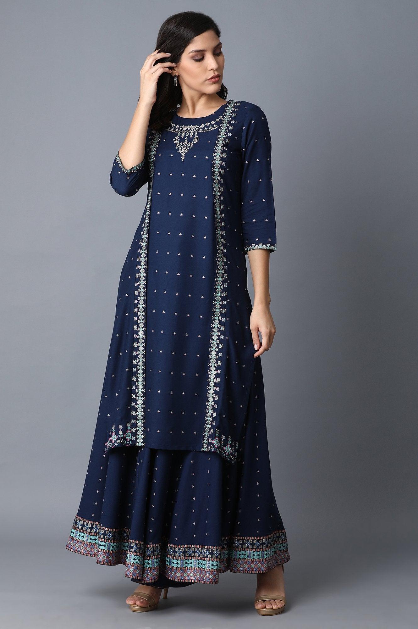 Navy Blue Mock Layered kurta - wforwoman