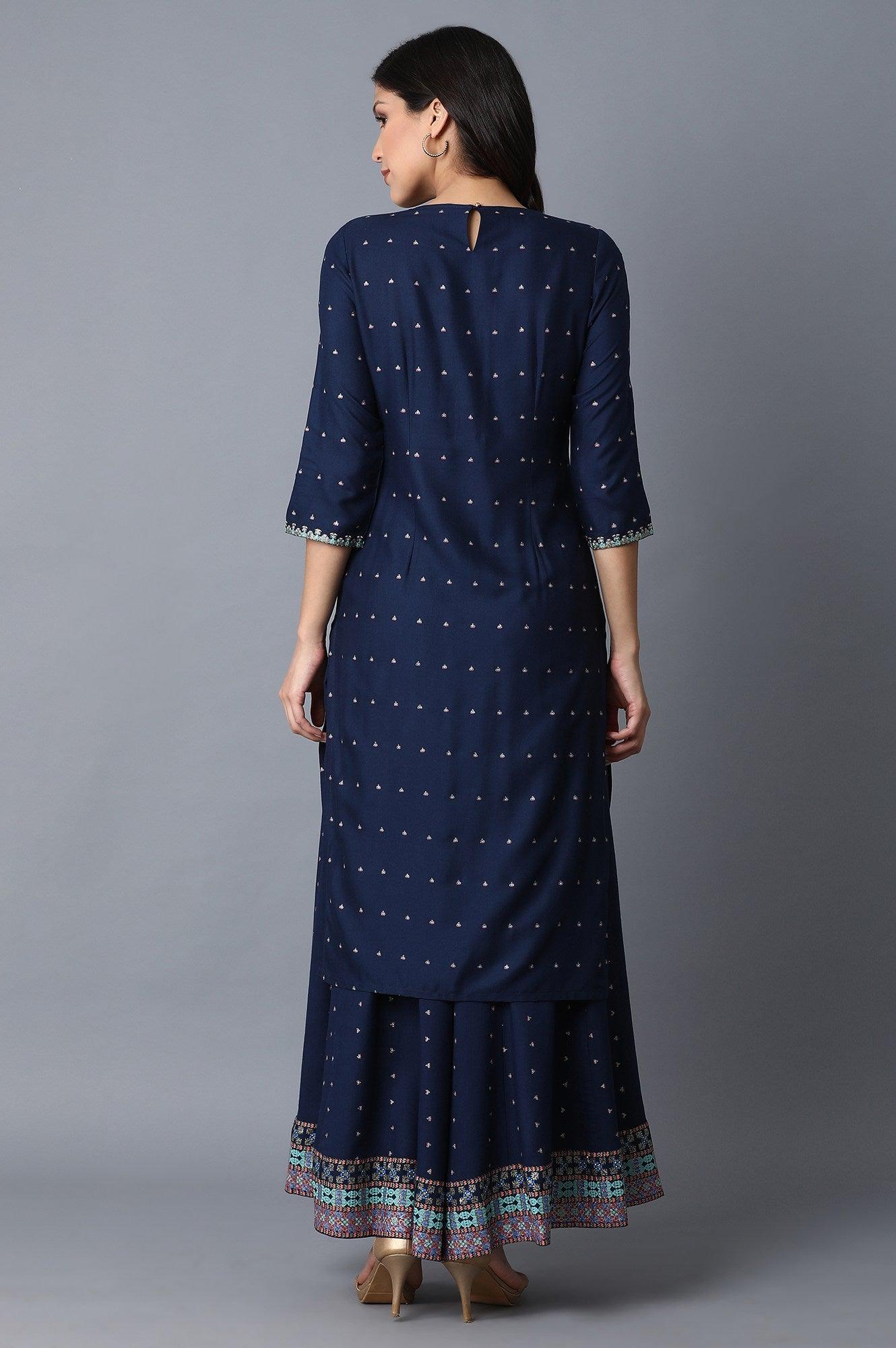 Navy Blue Mock Layered kurta - wforwoman