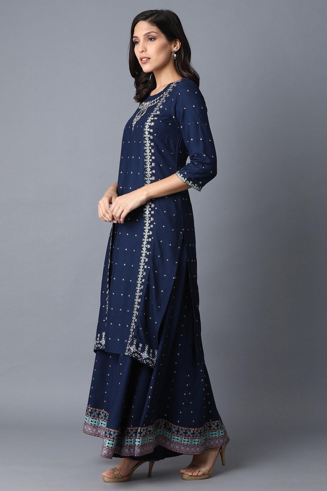 Navy Blue Mock Layered kurta - wforwoman