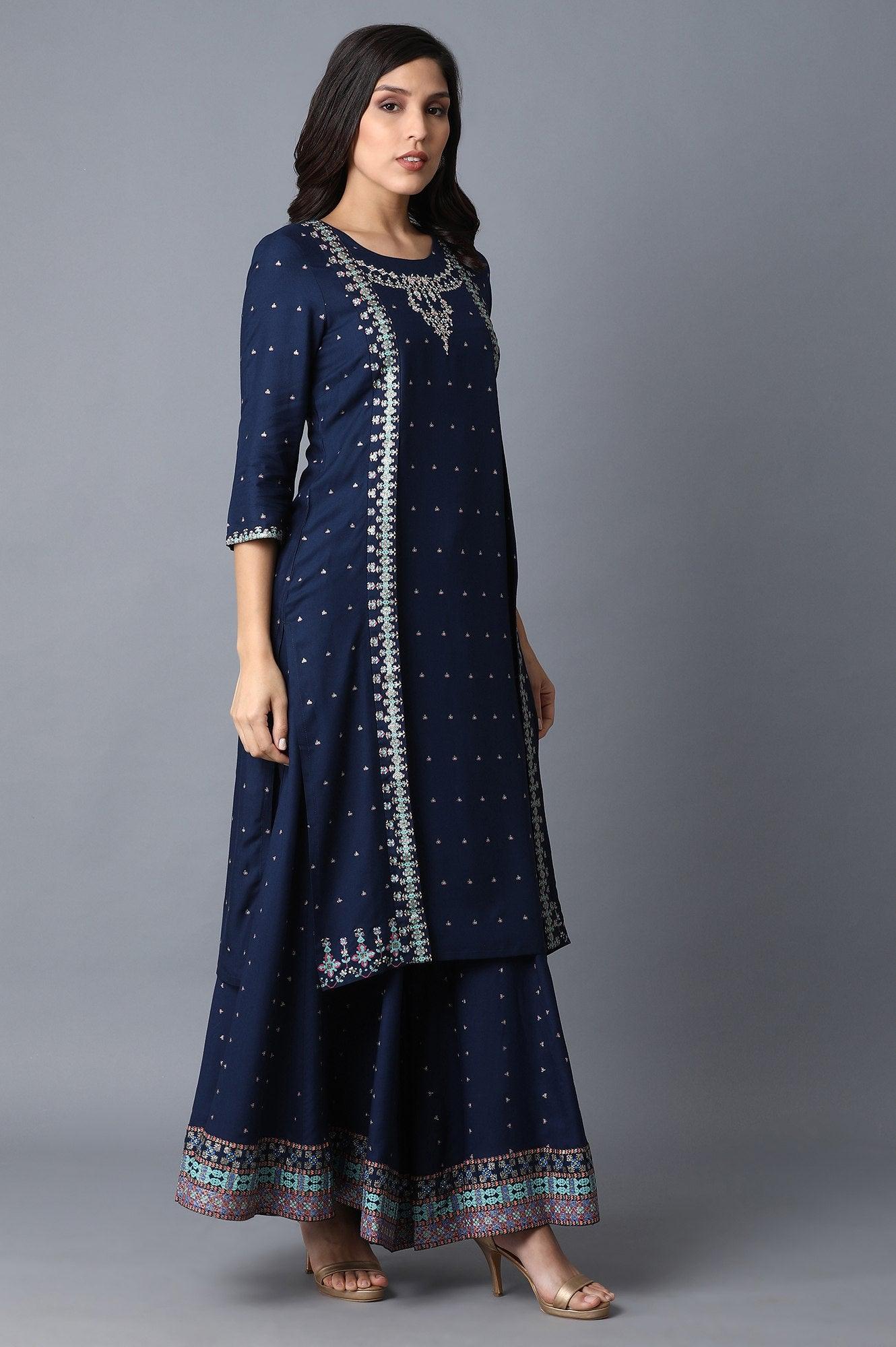 Navy Blue Mock Layered kurta - wforwoman