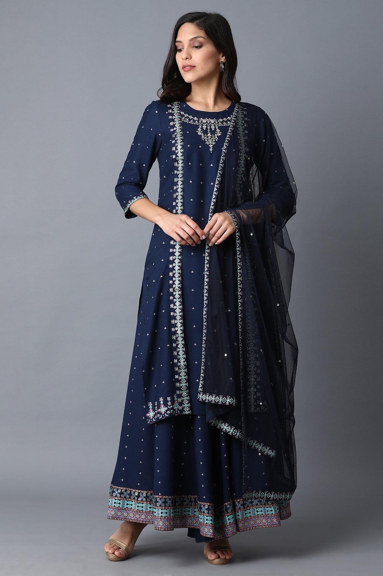 Navy Blue Mock Layered kurta - wforwoman