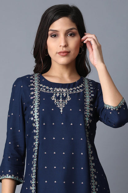 Navy Blue Mock Layered kurta - wforwoman