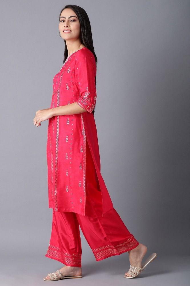 Pink Round Neck Printed kurta - wforwoman