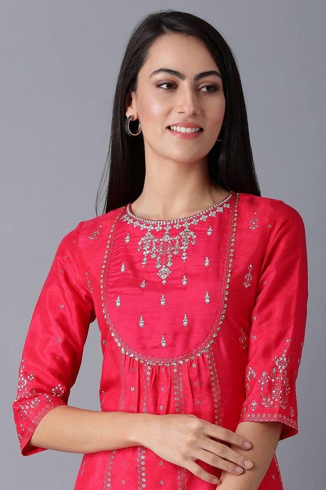 Pink Round Neck Printed kurta - wforwoman