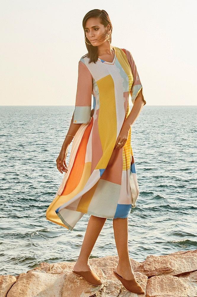 Multicoloured V-Neck Livaeco Dress - wforwoman