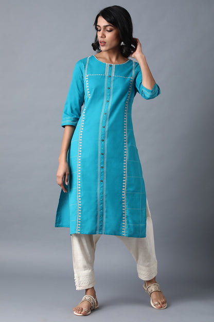 Blue Round Neck Embroidered kurta