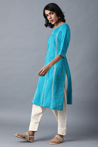 Blue Round Neck Embroidered kurta