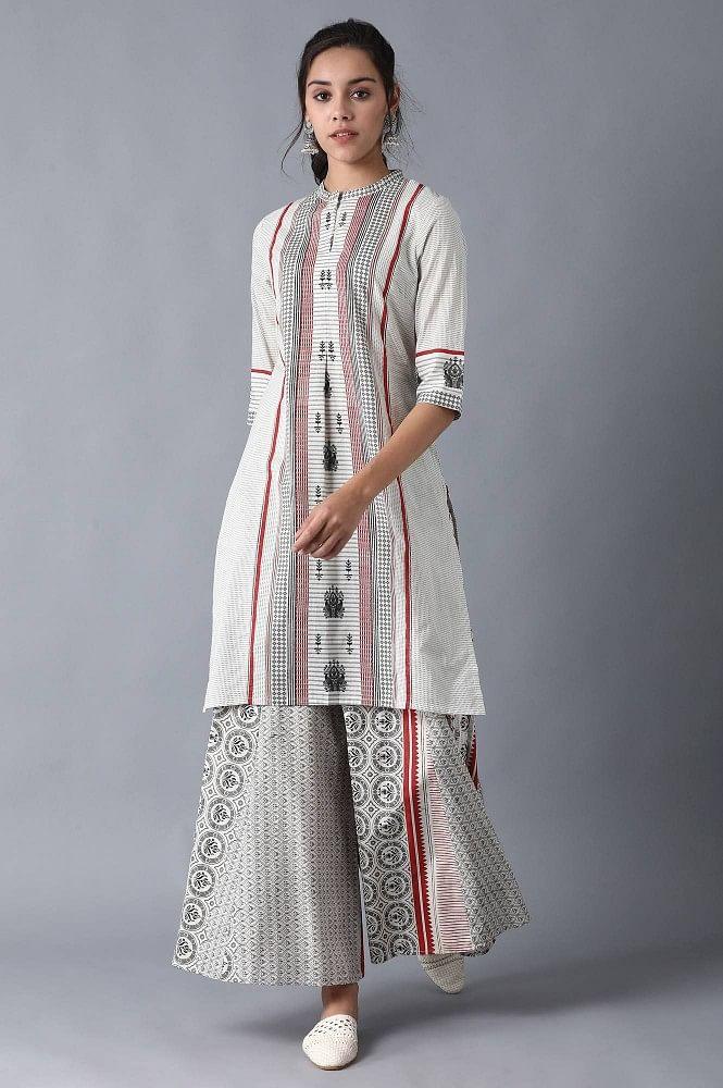 Ecru Mandarin Neck Printed kurta - wforwoman