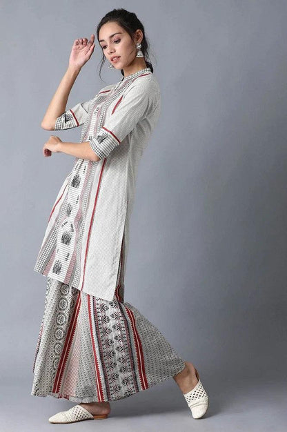 Ecru Mandarin Neck Printed kurta - wforwoman