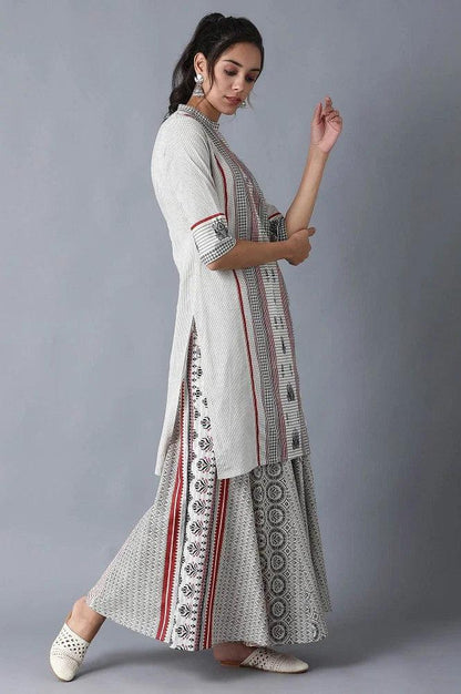 Ecru Mandarin Neck Printed kurta - wforwoman