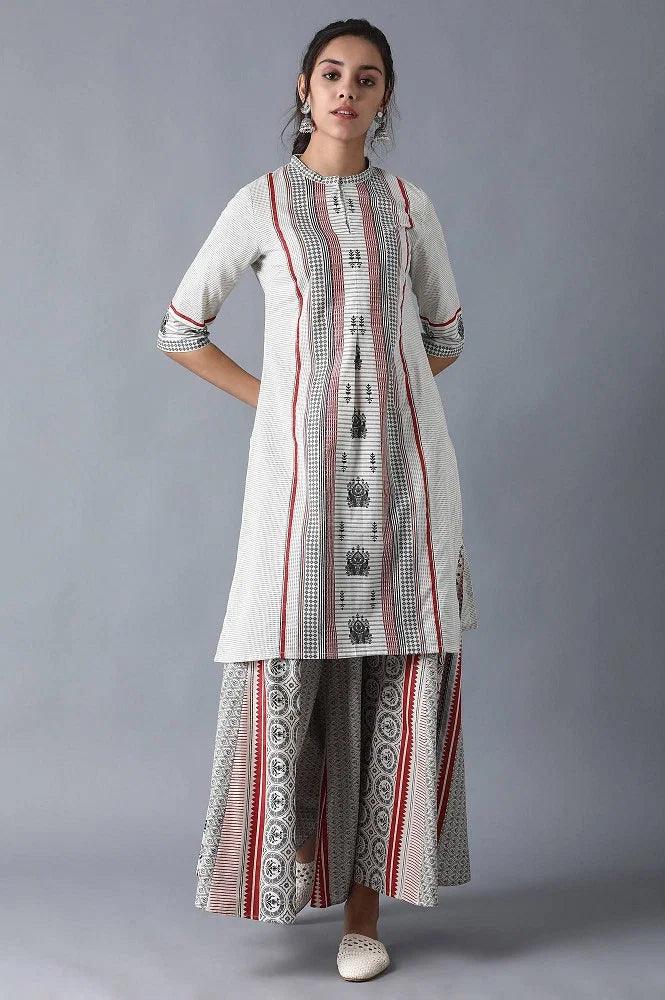 Ecru Mandarin Neck Printed kurta - wforwoman