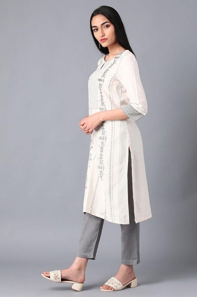 Ecru Round Neck Printed kurta - wforwoman