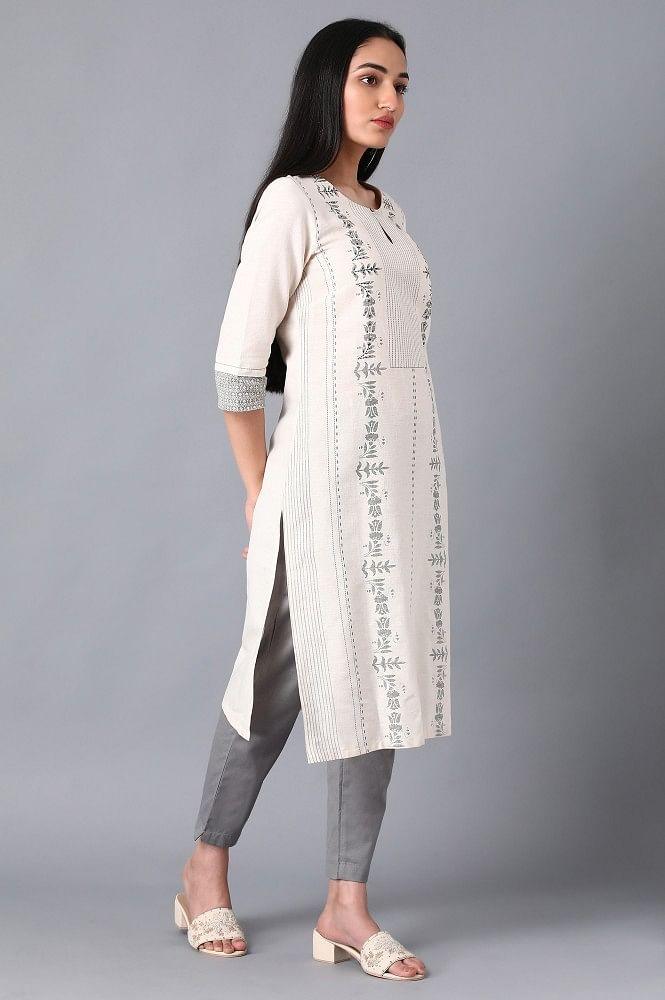 Ecru Round Neck Printed kurta - wforwoman