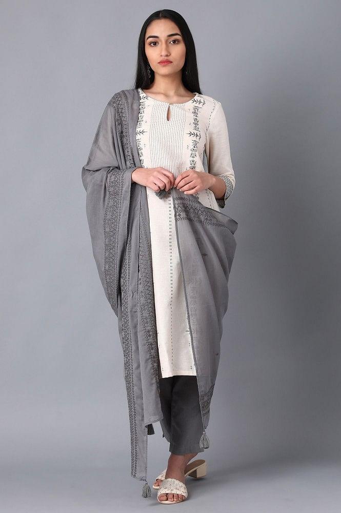 Ecru Round Neck Printed kurta - wforwoman