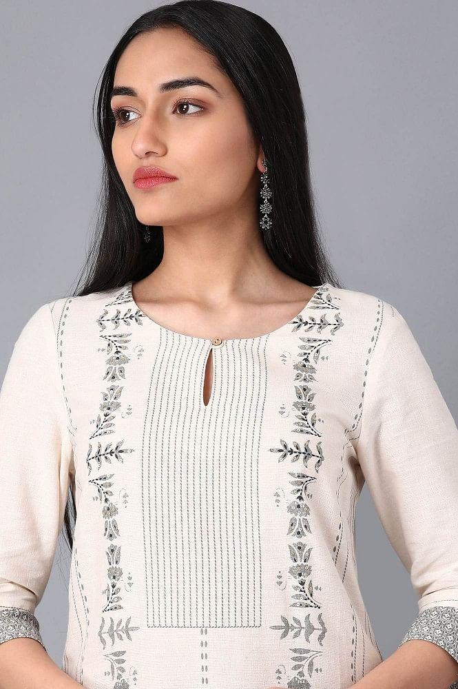 Ecru Round Neck Printed kurta - wforwoman