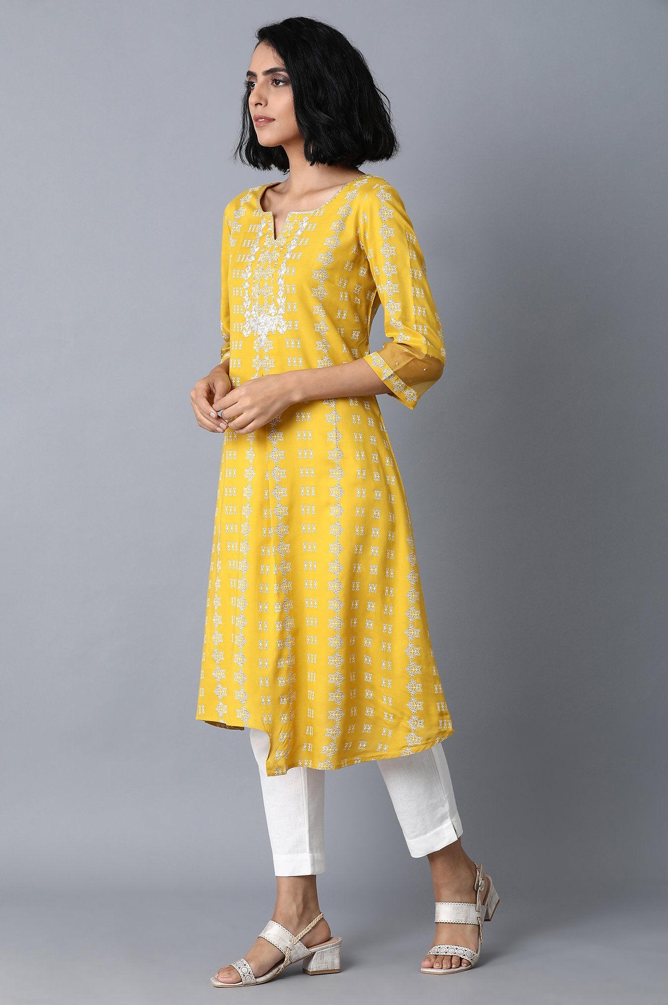 Mustard Yellow Printed Straight kurta