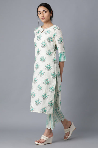 Green And White Printed Straight Kurta In Round Neck