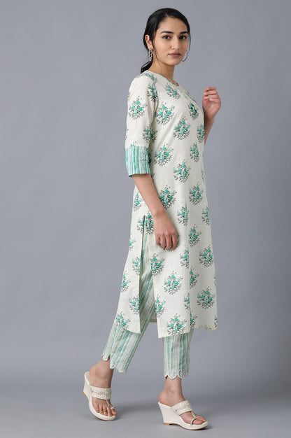 Green and White Printed Straight kurta in Round Neck