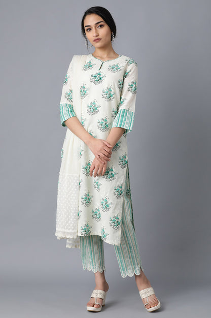 Green and White Printed Straight kurta in Round Neck