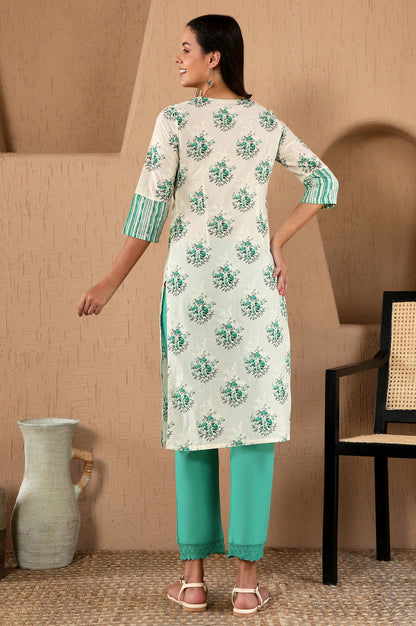 White Pure Cotton Straight Kurta with Green Floral Print