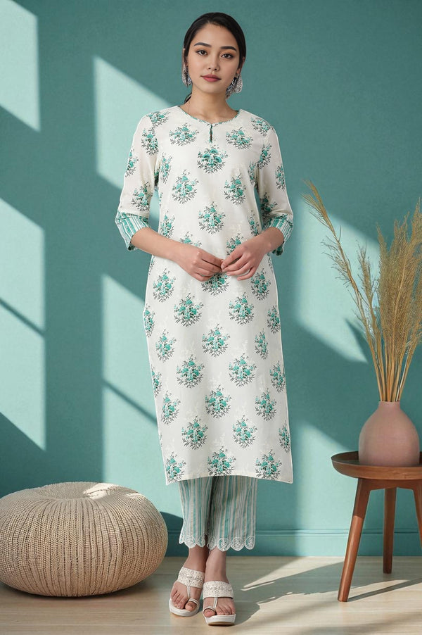 White Pure Cotton Straight Kurta with Green Floral Print
