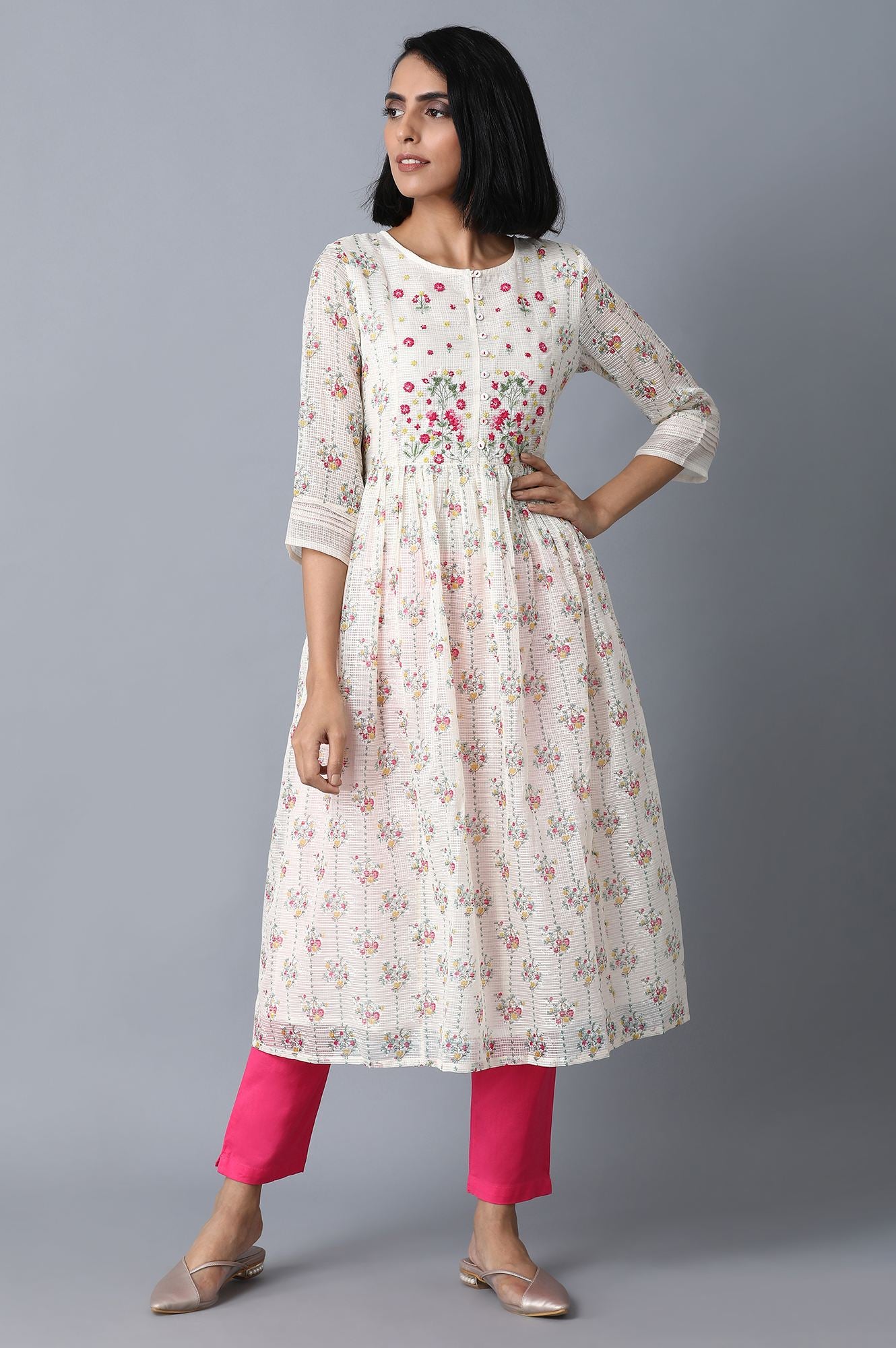 Ecru Printed Kota kurta