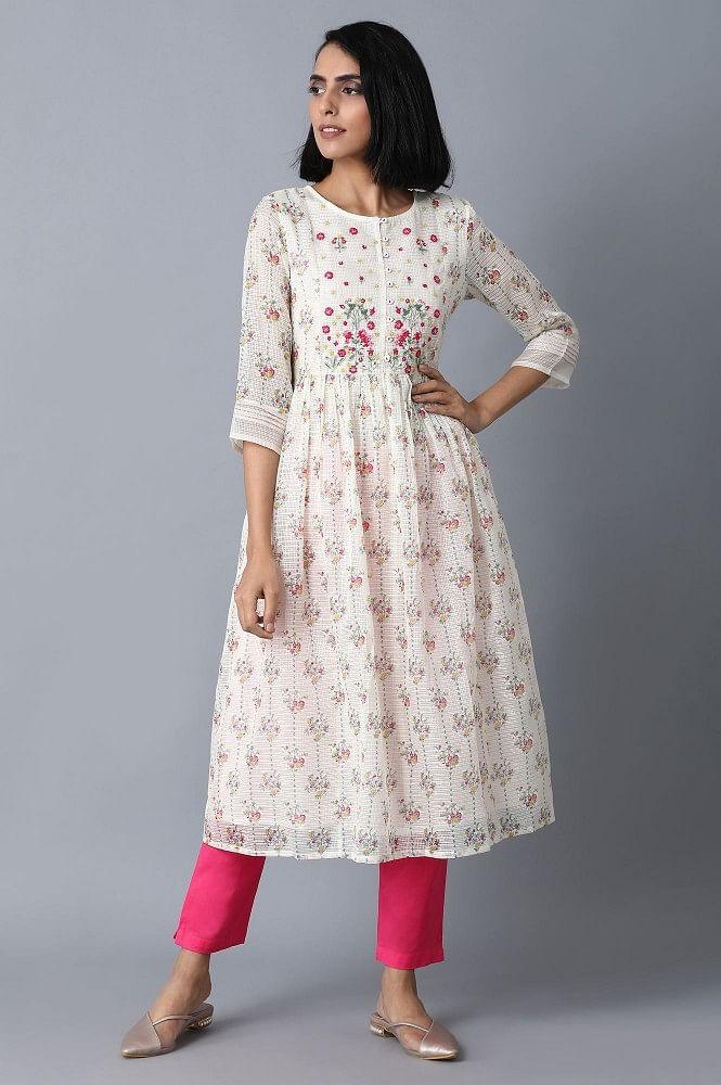 Ecru Printed Kota kurta - wforwoman