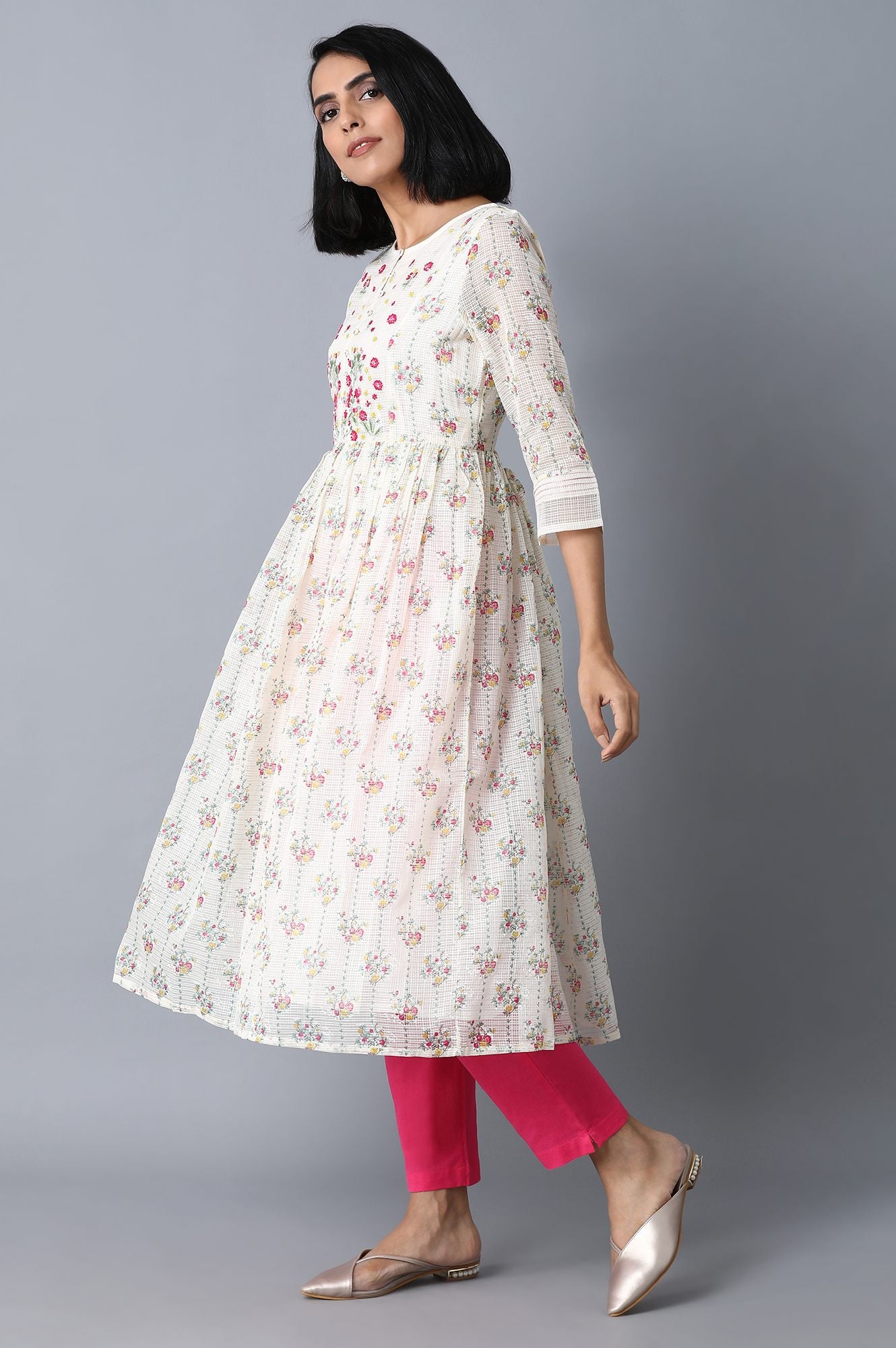 Ecru Printed Kota kurta