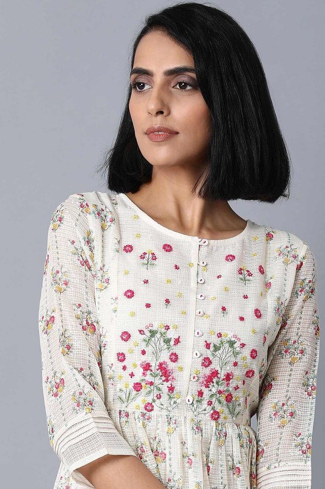 Ecru Printed Kota kurta - wforwoman