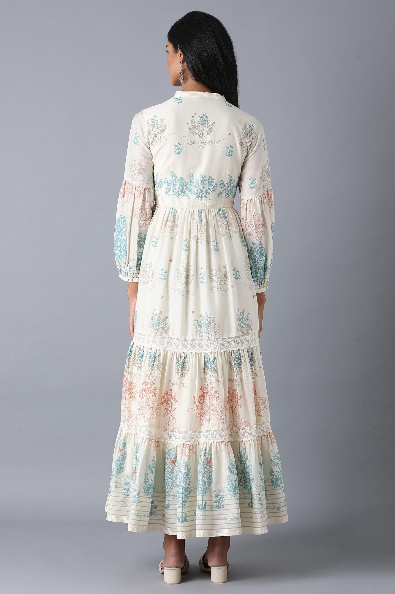 Ecru Printed Tiered Dress