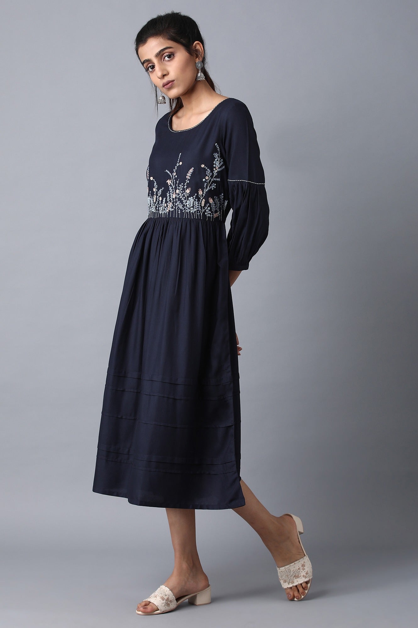 Blue Round Neck Gathered Dress