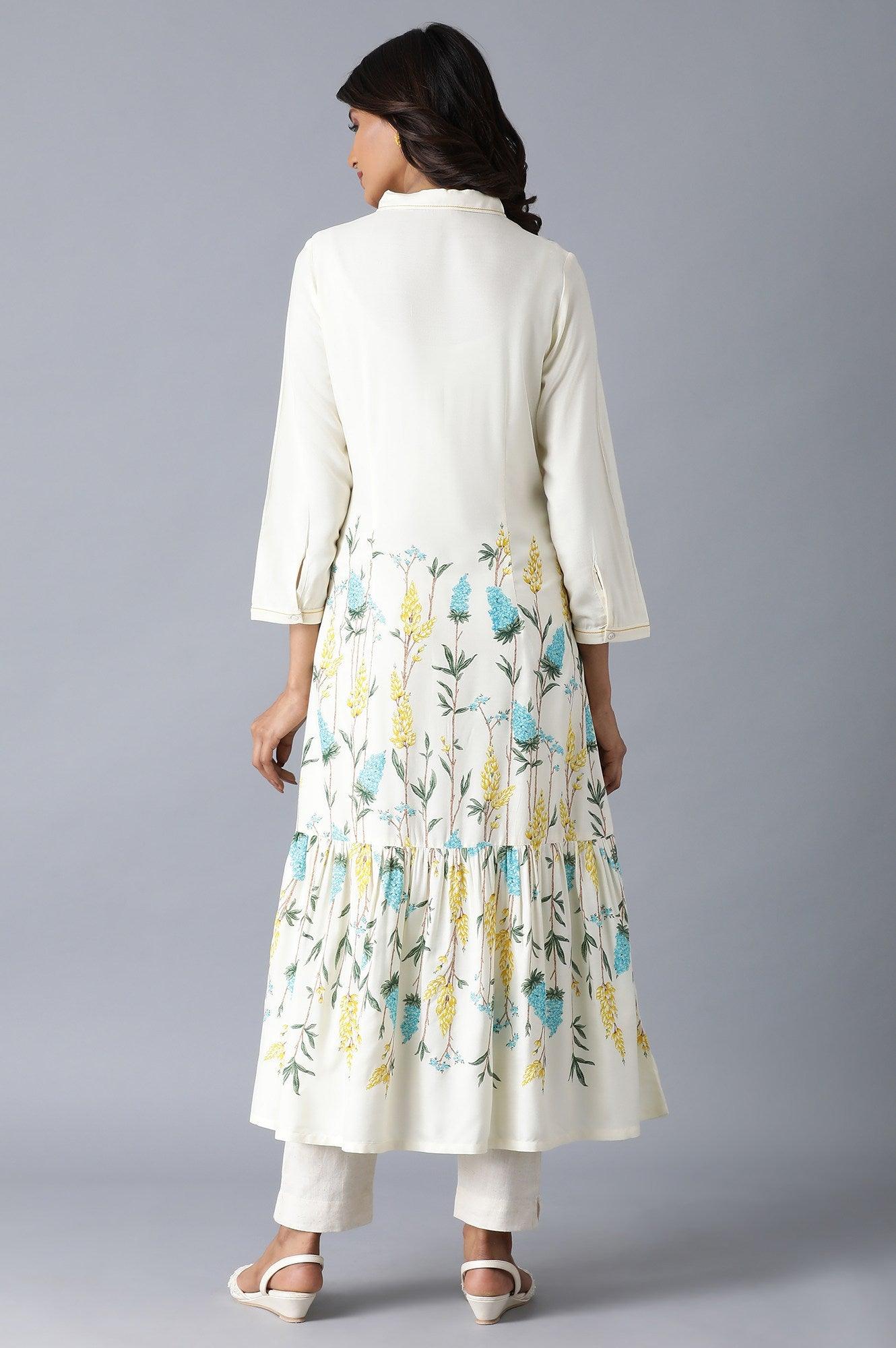 Ecru Floral Print Tiered Dress - wforwoman