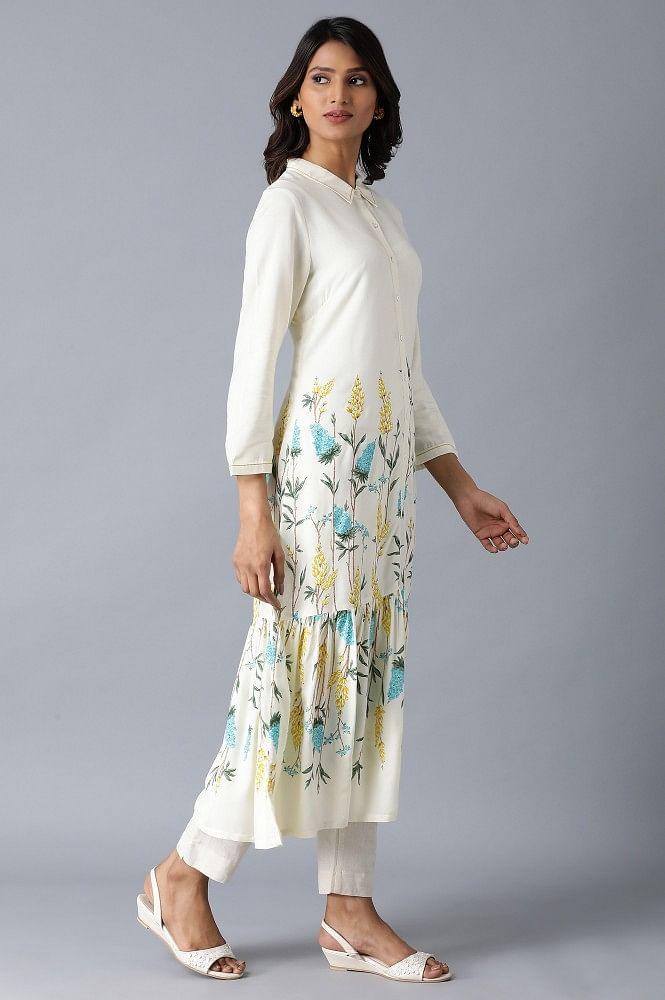 Ecru Floral Print Tiered Dress - wforwoman