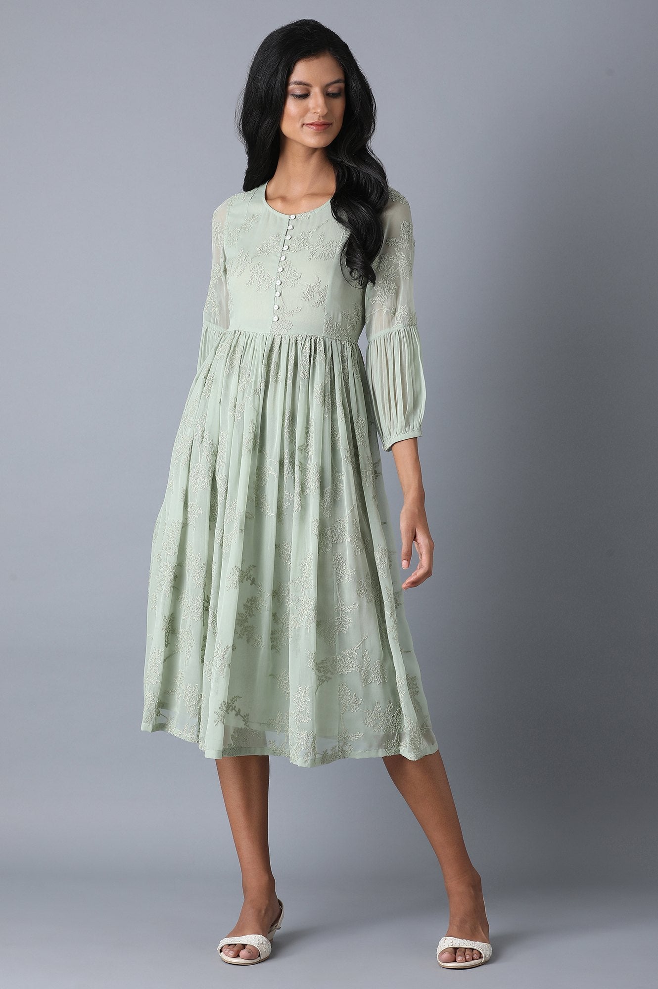 Powder Green Embroidered Chiffon Dress