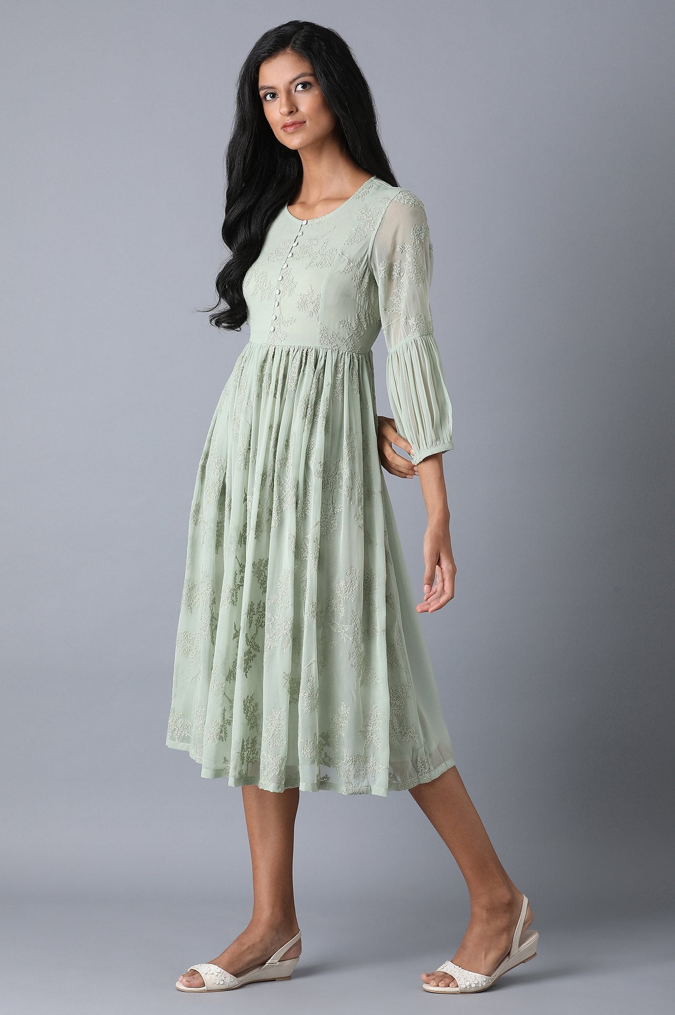 Powder Green Embroidered Chiffon Dress