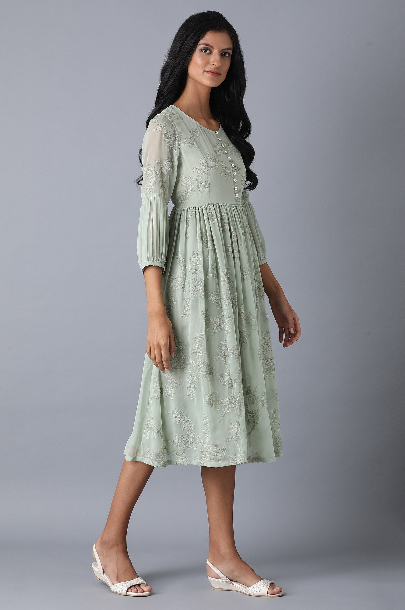 Powder Green Embroidered Chiffon Dress