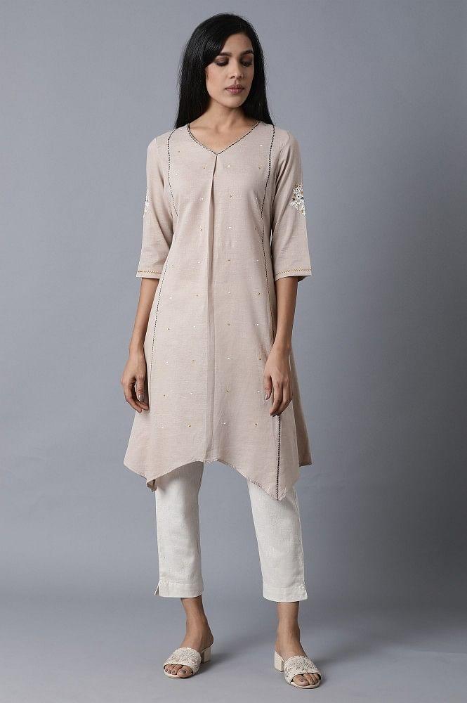 Beige Khadhi V-Neck kurta - wforwoman