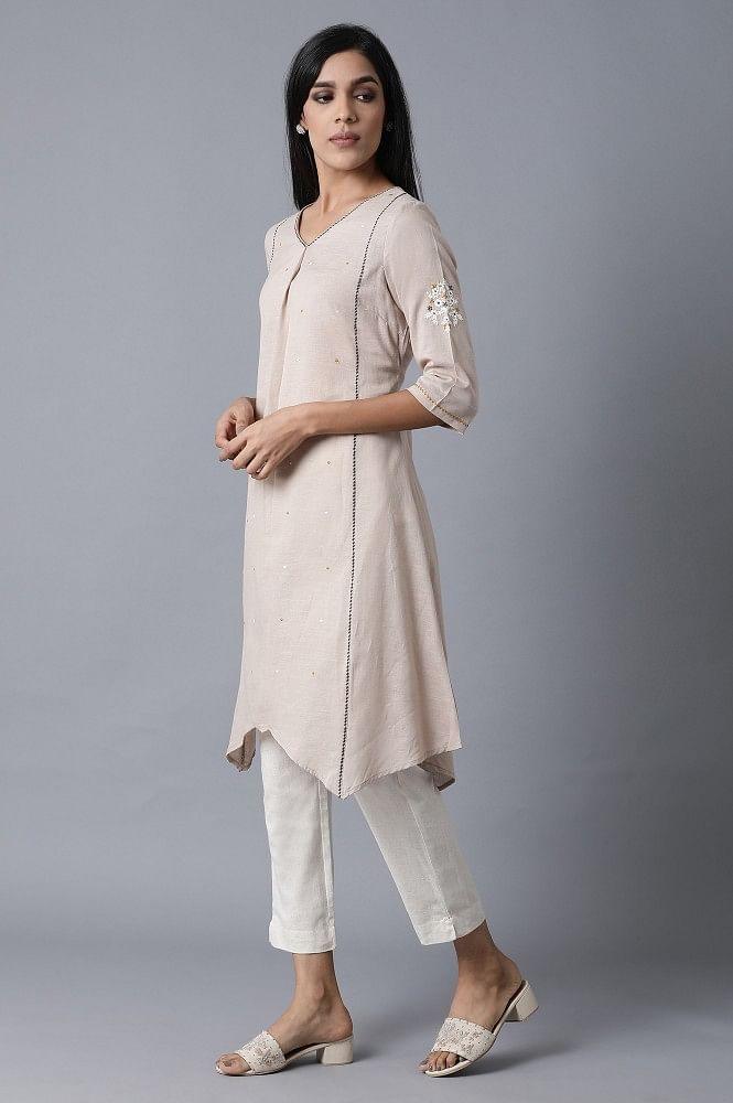 Beige Khadhi V-Neck kurta - wforwoman