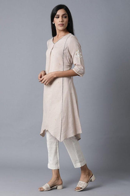 Beige Khadhi V-Neck kurta - wforwoman