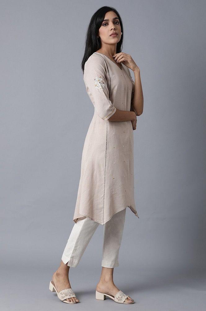 Beige Khadhi V-Neck kurta - wforwoman