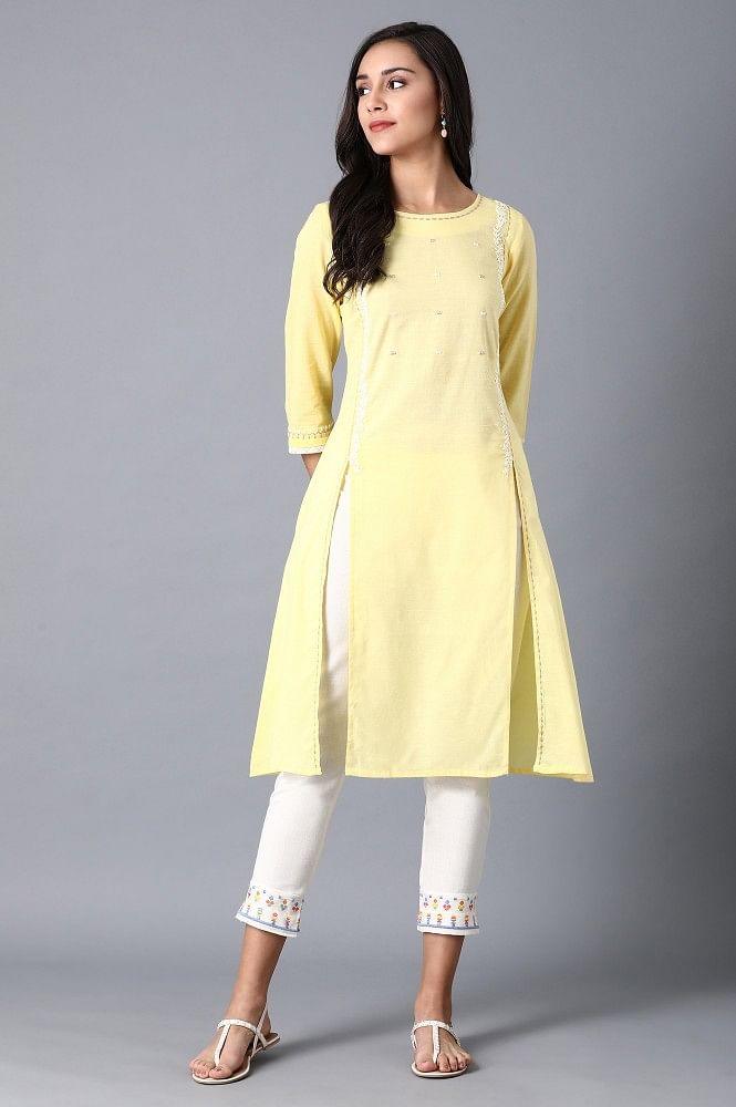Yellow Embroidered A-Line kurta - wforwoman
