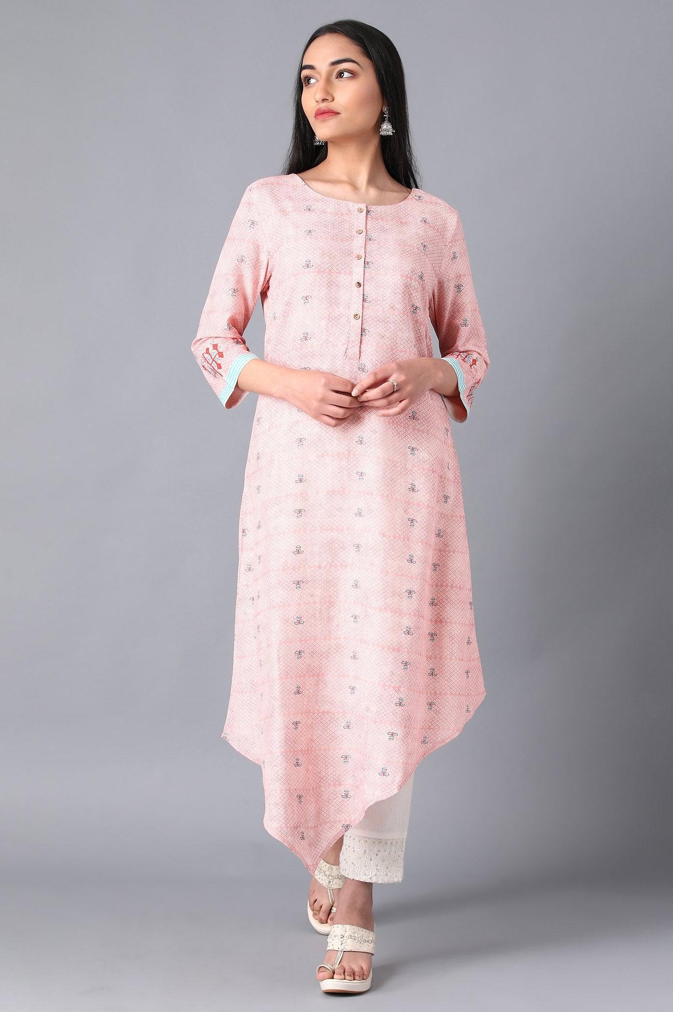 Pink Round Neck Asymmetrical Hem Livaeco kurta - wforwoman