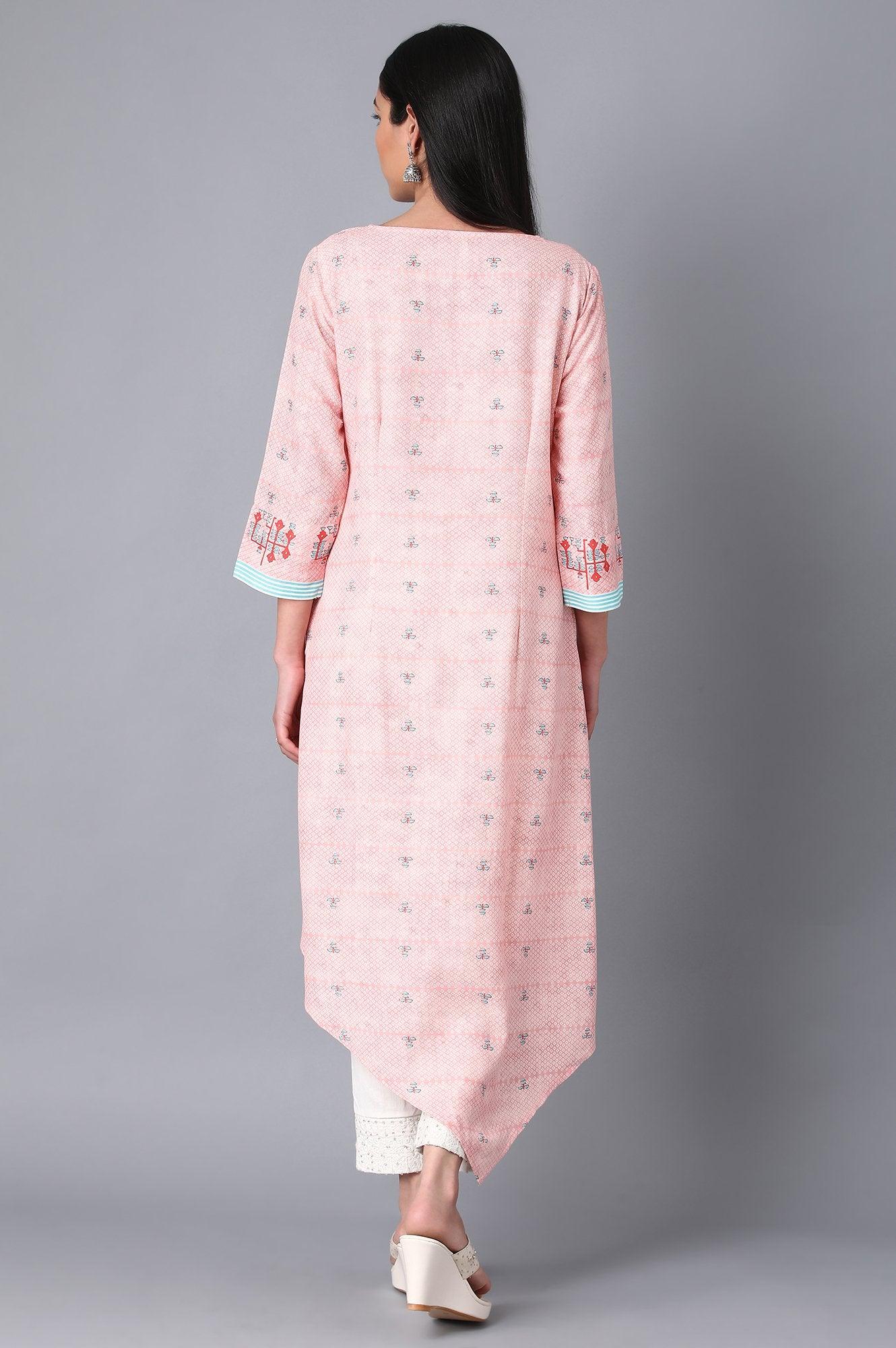 Pink Round Neck Asymmetrical Hem Livaeco kurta - wforwoman