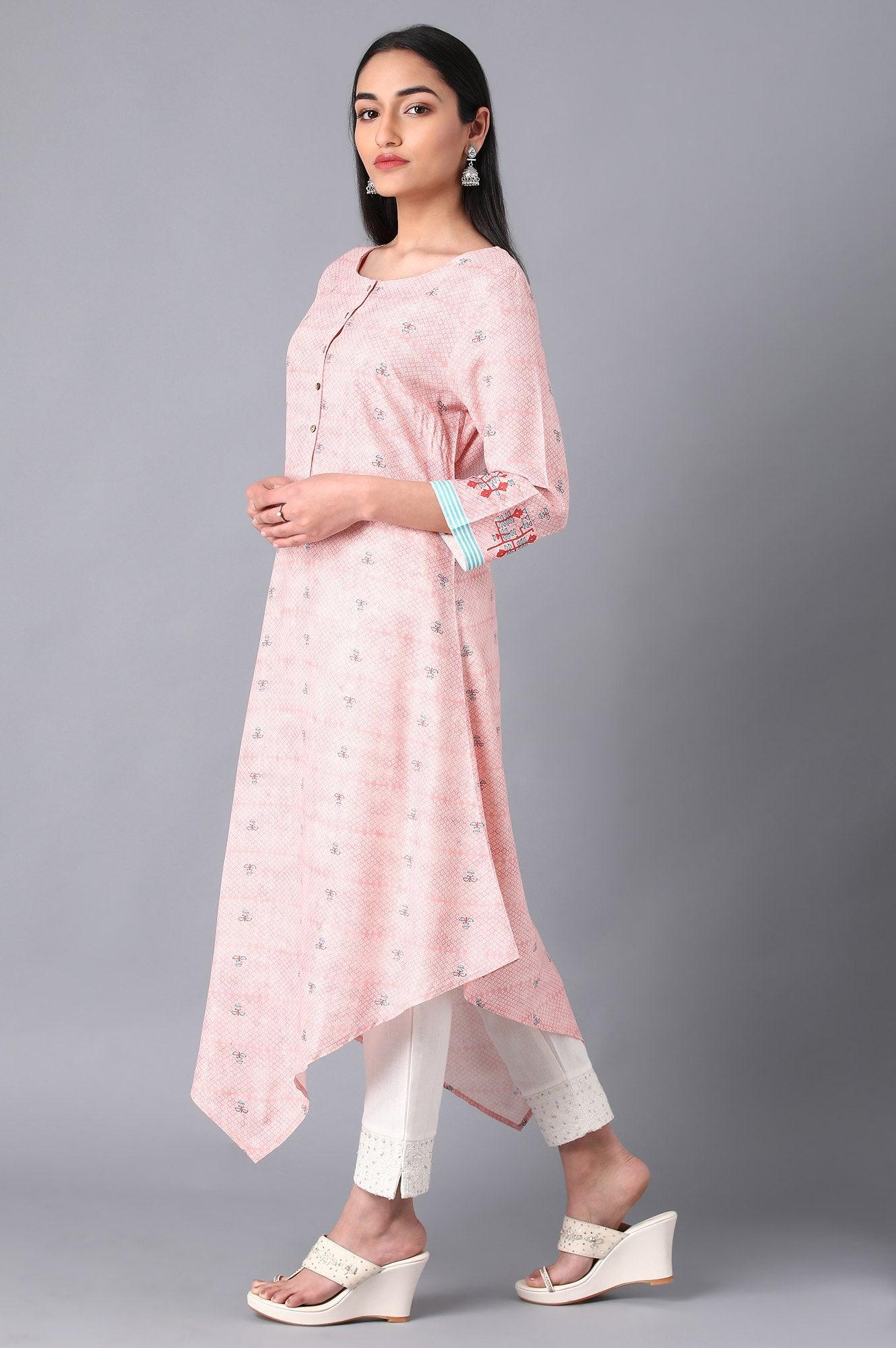 Pink Round Neck Asymmetrical Hem Livaeco kurta - wforwoman