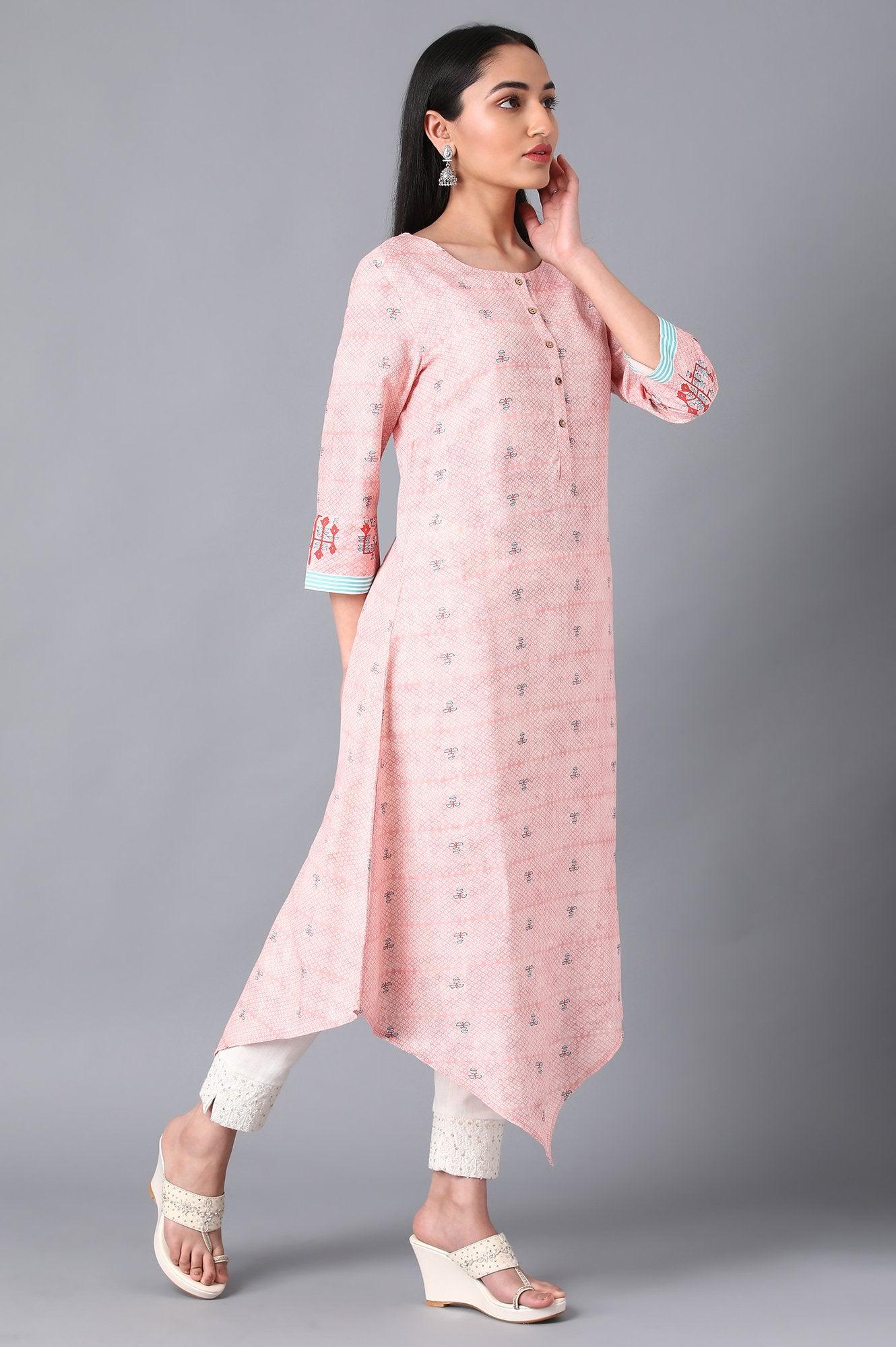 Pink Round Neck Asymmetrical Hem Livaeco kurta - wforwoman