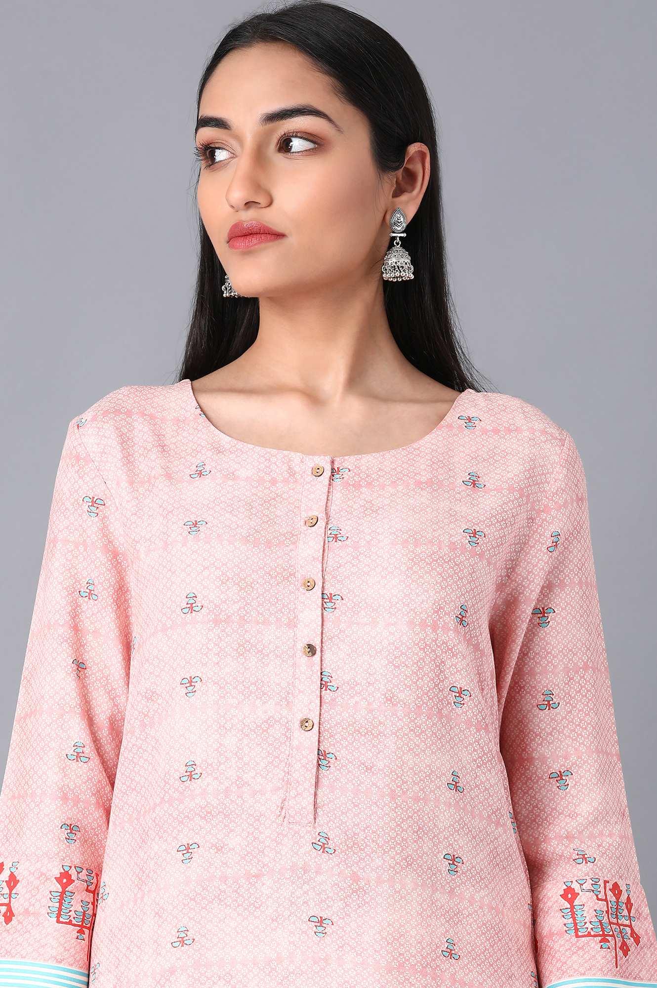 Pink Round Neck Asymmetrical Hem Livaeco kurta - wforwoman