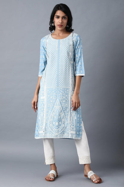 Blue Round Neck Printed Livaeco kurta - wforwoman